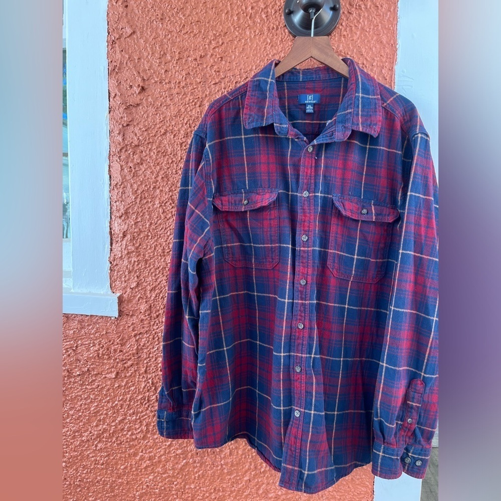 George Button Up Shirt Men's Size XXL Long Sleeve Burgundy Blue Plaid Cotton